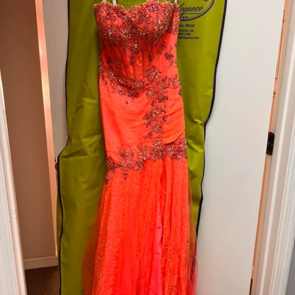 Strapless, coral prom dress